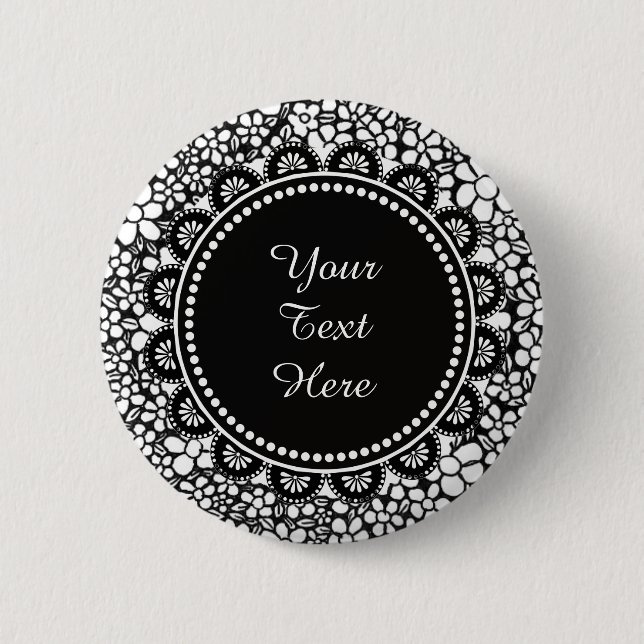 Hand Drawn Black and White Flower Pattern Monogram 6 Cm Round Badge (Front)