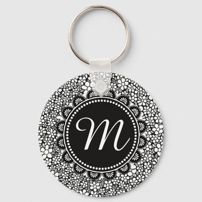 Hand Drawn Black and White Flower Pattern Monogram Key Ring (Front)