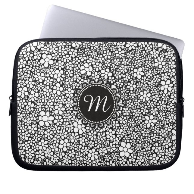 Hand Drawn Black and White Flower Pattern Monogram Laptop Sleeve (Front)