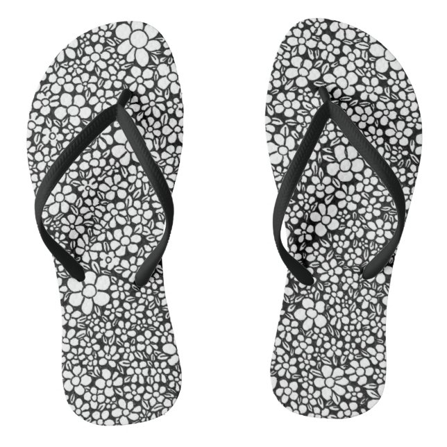 Hand Drawn Black and White Flower Pattern Thongs (Footbed)