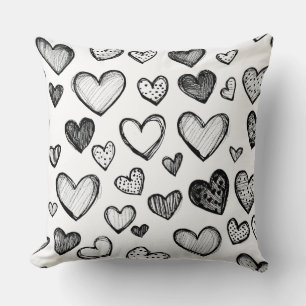 Hand Drawn Black and White Hearts Pattern  Cushion