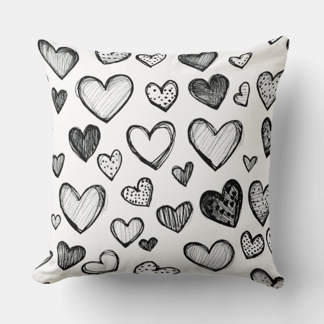 Hand Drawn Black and White Hearts Pattern  Cushion (Front)