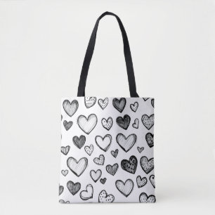 Hand Drawn Black and White Hearts Pattern Tote Bag