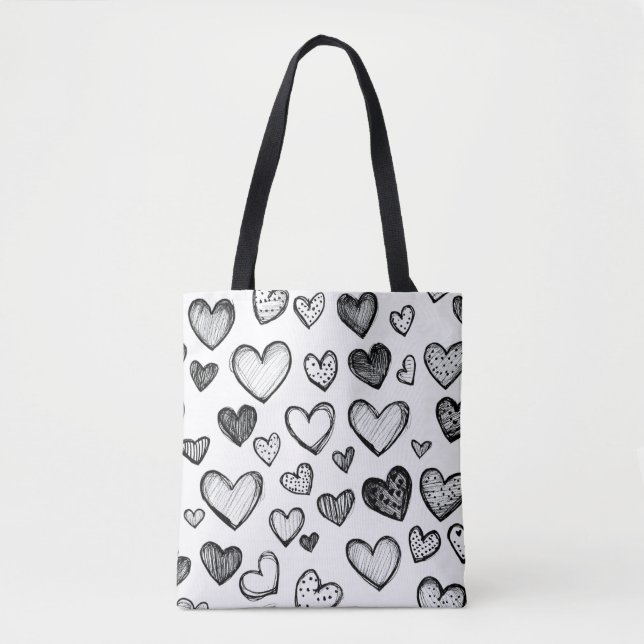 Hand Drawn Black and White Hearts Pattern  Tote Bag (Front)