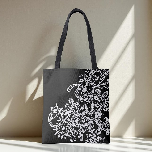 Hand Drawn Black and White Mandala Flowers Doodle Tote Bag (Creator Uploaded)