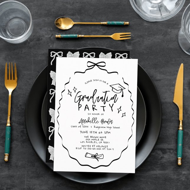 Hand-drawn Black Bow Cap Diploma Graduation Party Invitation (Creator Uploaded)