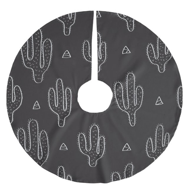 Hand Drawn Black Cactus Pattern Brushed Polyester Tree Skirt (Front)
