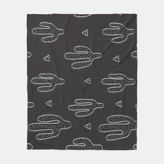 Hand Drawn Black Cactus Pattern Fleece Blanket (Front)