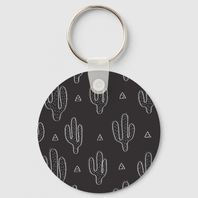 Hand Drawn Black Cactus Pattern Key Ring (Front)