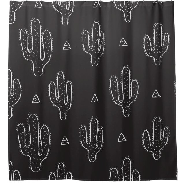Hand Drawn Black Cactus Pattern Shower Curtain (Front)