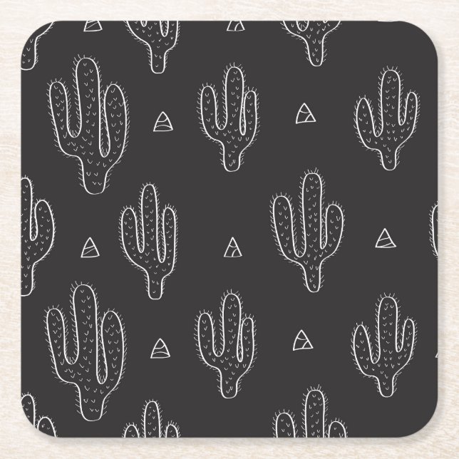 Hand Drawn Black Cactus Pattern Square Paper Coaster (Front)