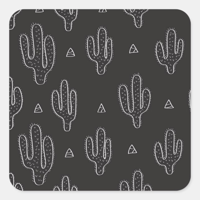 Hand Drawn Black Cactus Pattern Square Sticker (Front)