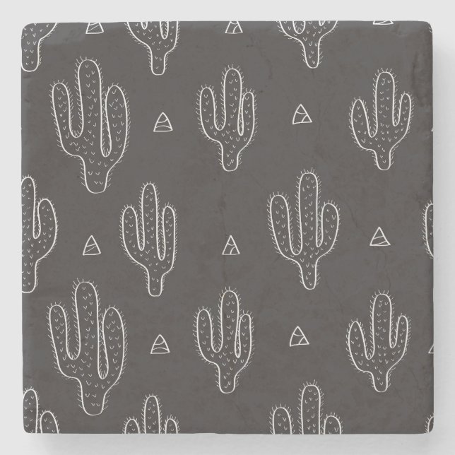 Hand Drawn Black Cactus Pattern Stone Coaster (Front)