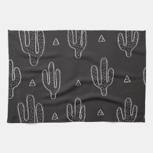 Hand Drawn Black Cactus Pattern Tea Towel
