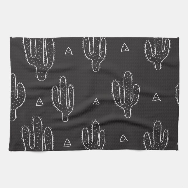 Hand Drawn Black Cactus Pattern Tea Towel (Horizontal)