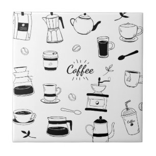 Hand Drawn Black Coffee and Cafe Pattern Ceramic Tile