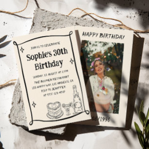 Hand Drawn Black & Cream 30TH Birthday Photo  Invitation