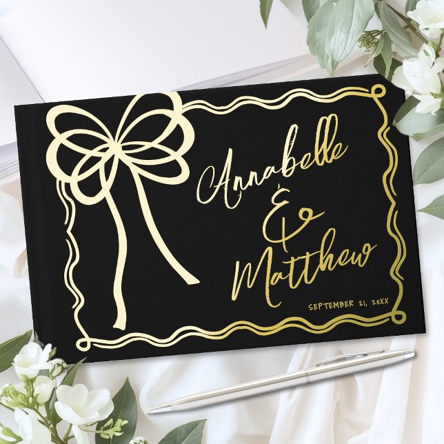 Hand Drawn Black Gold Bow Wedding Guest Book (Hand Drawn Black Gold Bow Wedding Foil Guest Book)