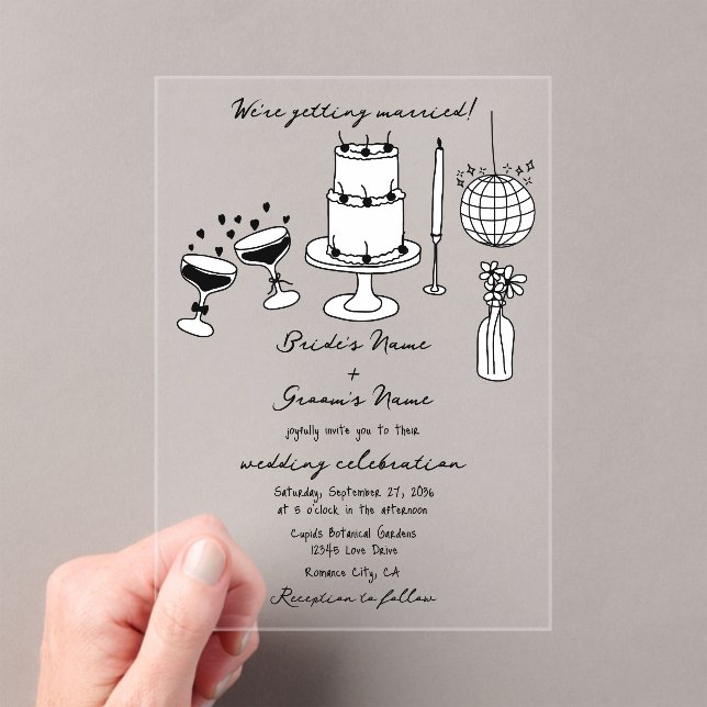 Hand Drawn Black Illustrations Doodles Wedding Acrylic Invitations (Insitu (Handheld))