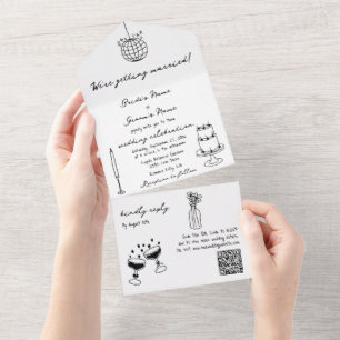 Hand Drawn Black Illustrations Doodles Wedding All In One Invitation