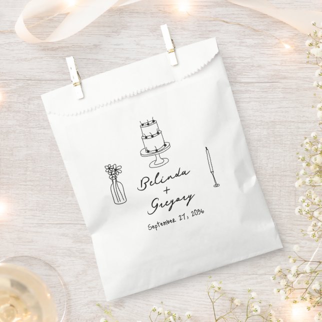 Hand Drawn Black Illustrations Doodles Wedding Favour Bag (Clipped)