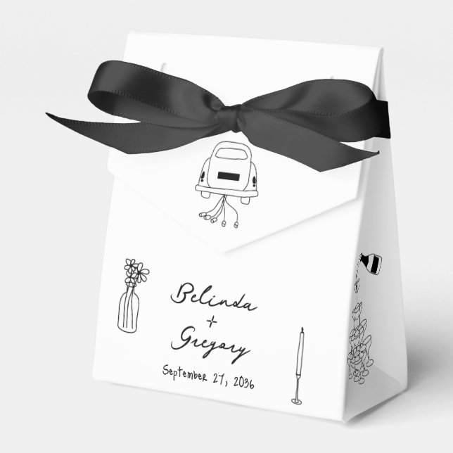 Hand Drawn Black Illustrations Doodles Wedding Favour Box (Front Side)