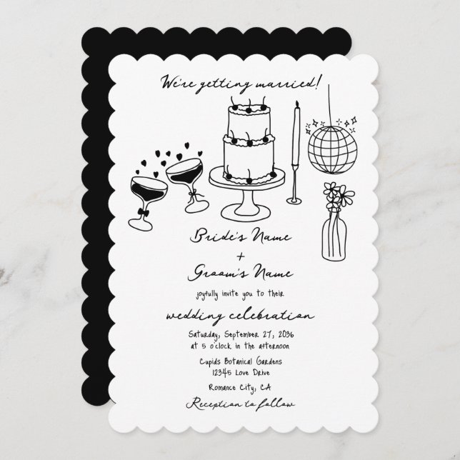 Hand Drawn Black Illustrations Doodles Wedding Invitation (Front/Back)