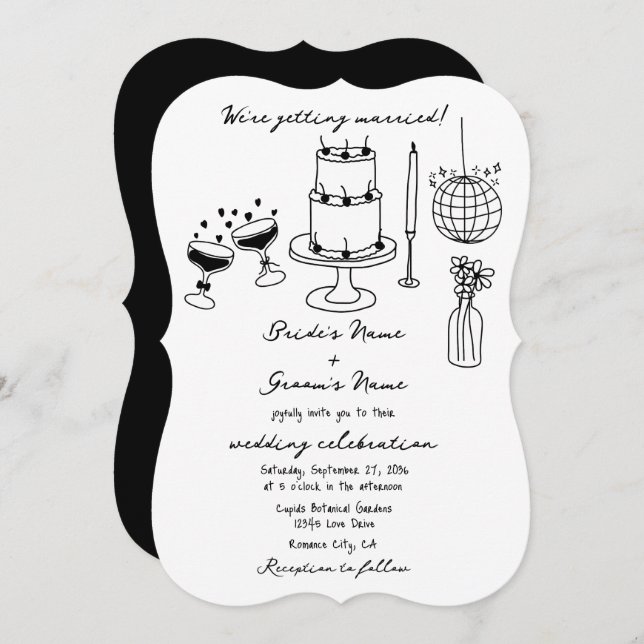 Hand Drawn Black Illustrations Doodles Wedding Invitation (Front/Back)