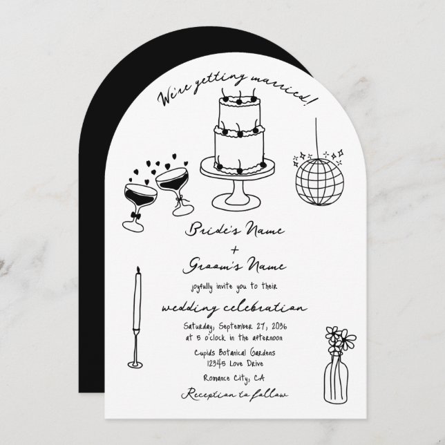 Hand Drawn Black Illustrations Doodles Wedding Invitation (Front/Back)