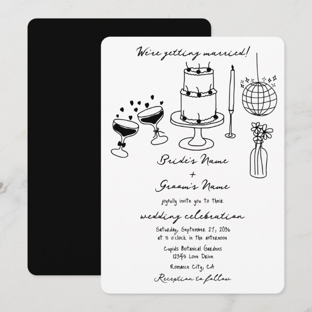 Hand Drawn Black Illustrations Doodles Wedding Invitation (Front/Back)