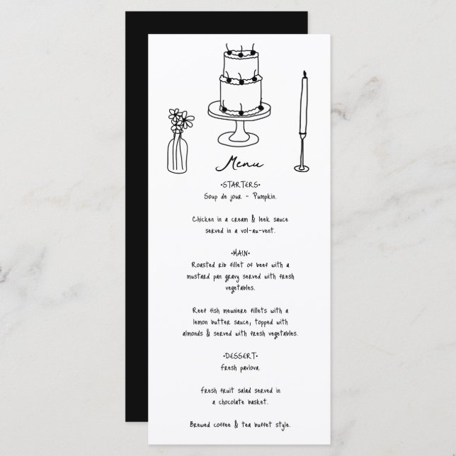 Hand Drawn Black Illustrations Doodles Wedding Menu (Front/Back)