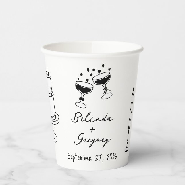 Hand Drawn Black Illustrations Doodles Wedding Paper Cups (Left)