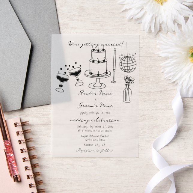 Hand Drawn Black Illustrations Doodles Wedding Vellum Invitations (Wedding)