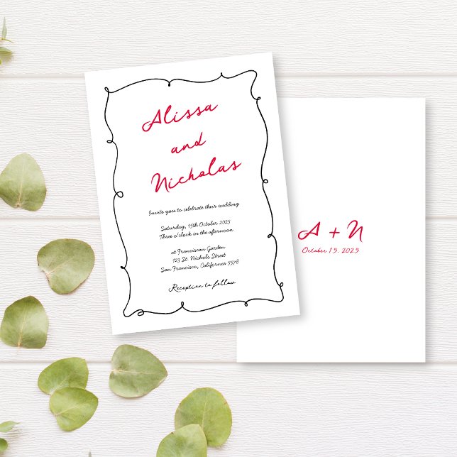 Hand Drawn Black & Red Border Monogrammed Wedding Invitation (Creator Uploaded)