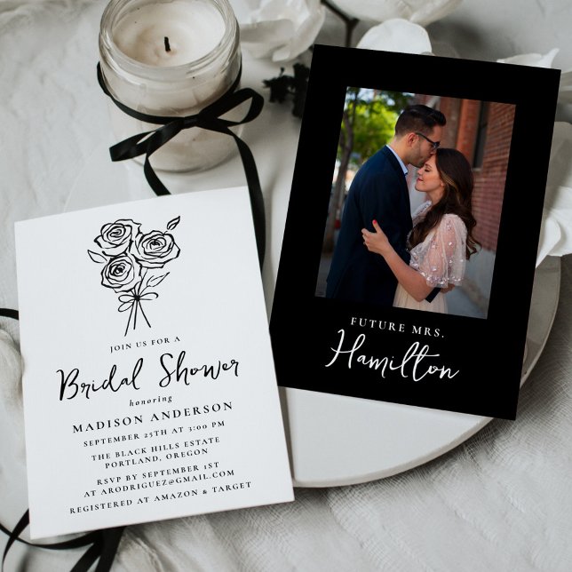Hand-Drawn Black Rose Bouquet Photo Bridal Shower Invitation (Creator Uploaded)