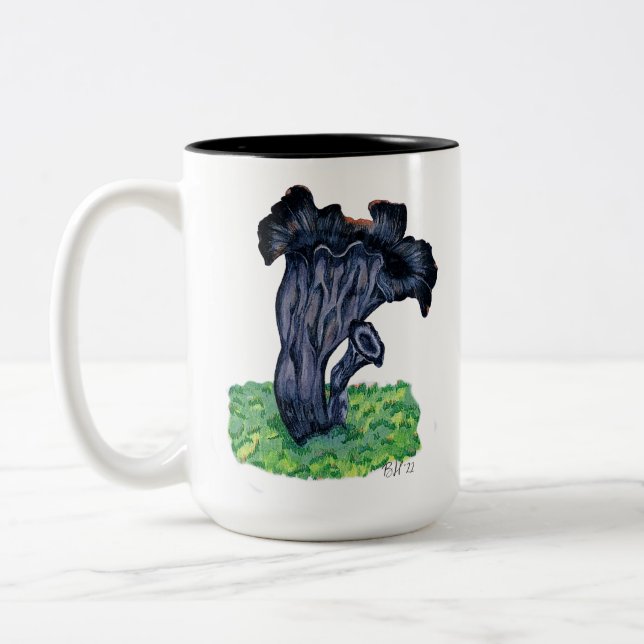 Hand Drawn Black Trumpet Mushroom Two-Tone Coffee Mug (Left)