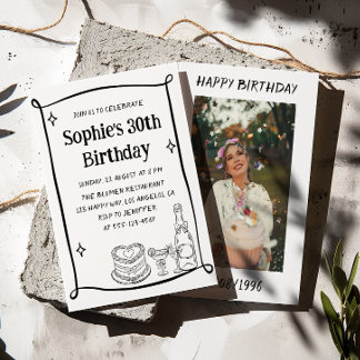 Hand Drawn Black & White 30TH Birthday Photo  Invitation