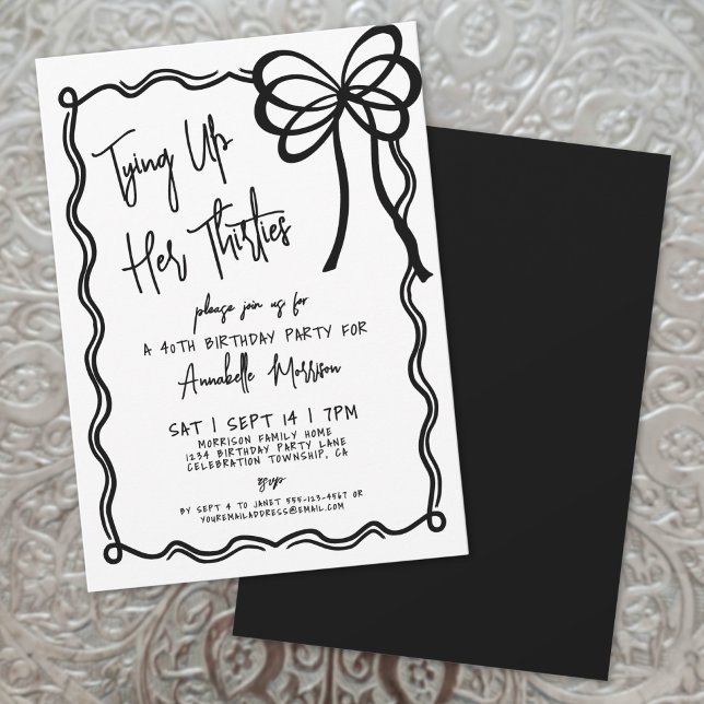 Hand Drawn Black White Bow 40th Birthday Invitation (Hand Drawn Black White Bow 40th Birthday Invitation)