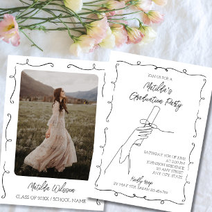 Hand Drawn Black & White Chic Photo Graduation Invitation