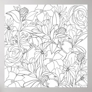 Hand drawn black white floral garden poster