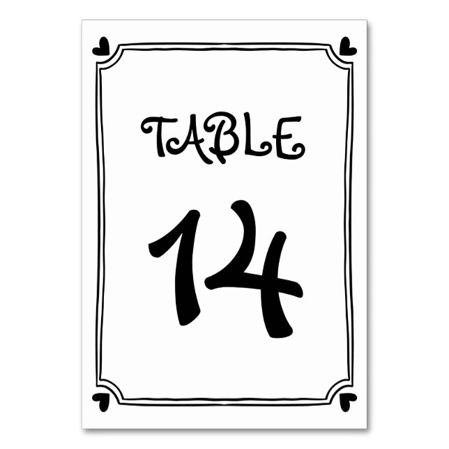Hand drawn black, white scribble whimsical frame table number (Front)