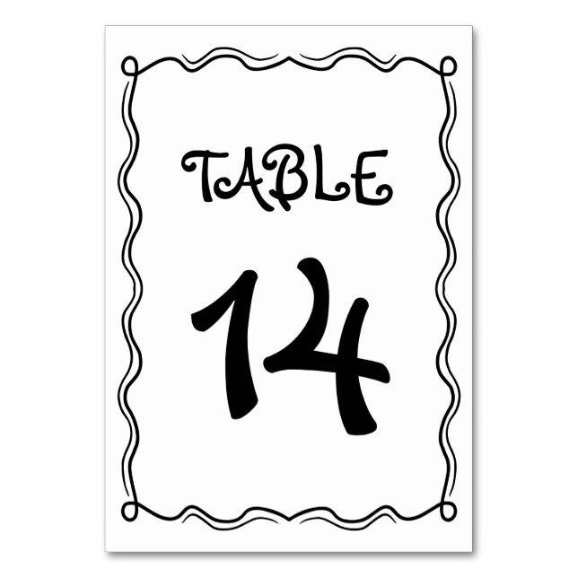 Hand drawn black, white squiggle whimsical frame table number (Front)