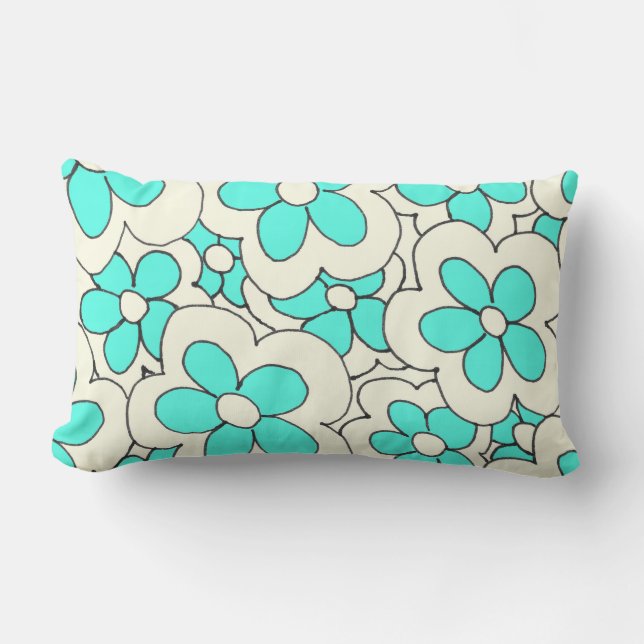 Hand Drawn Blue and Cream Flower Design Lumbar Cushion (Front)