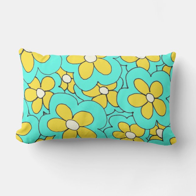 Hand Drawn Blue and Yellow Flower Design Lumbar Cushion (Front)