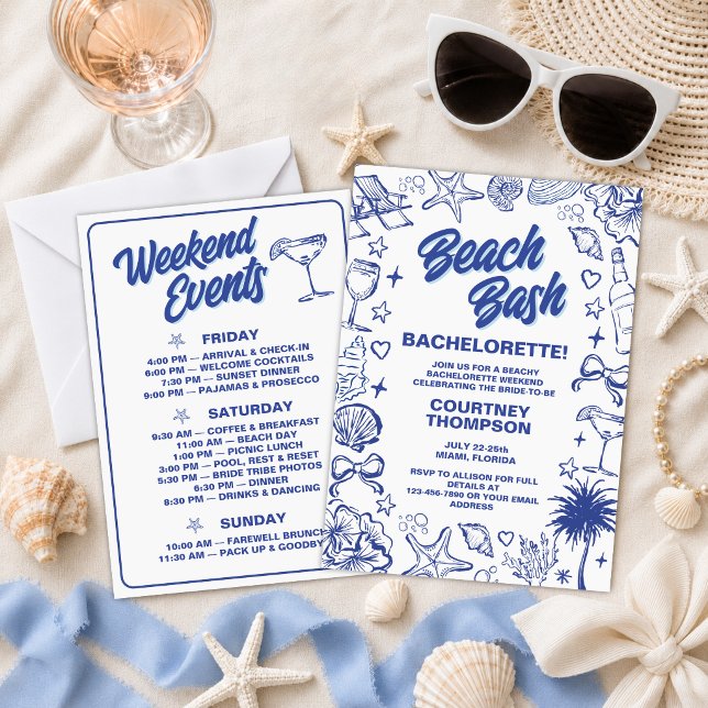 Hand Drawn Blue Beach Bash Bachelorette Weekend Invitation (Creator Uploaded)