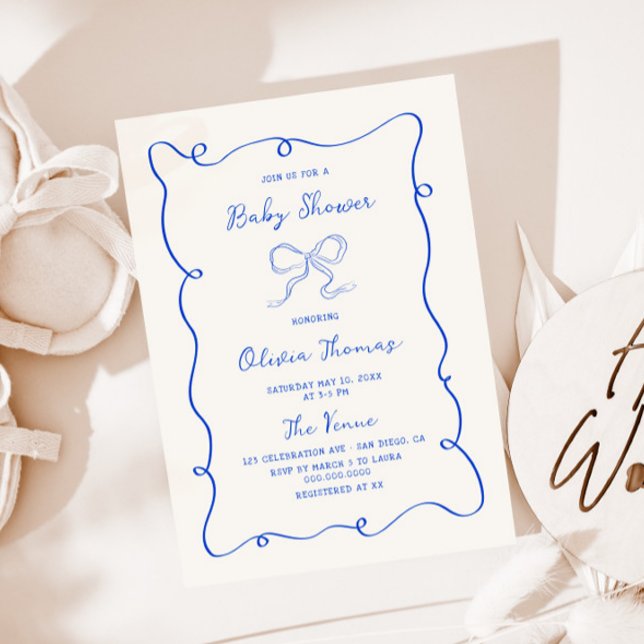 Hand Drawn Blue Bow Baby Shower Invitation (Creator Uploaded)