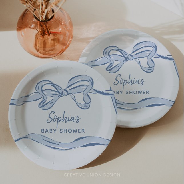 Hand Drawn Blue Bow Boy Baby Shower Paper Plate (boy baby shower)