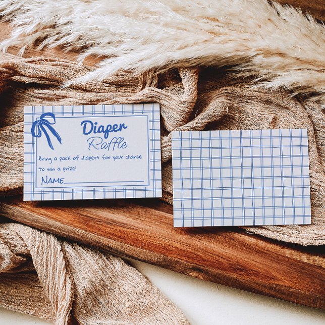 Hand Drawn Blue Boy Gingham Bow Diaper Raffle Enclosure Card (Creator Uploaded)