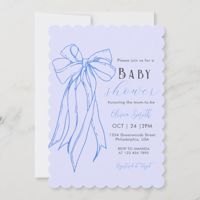 Hand Drawn Blue Coquette Bow Boy Baby Shower Invitation (Front)