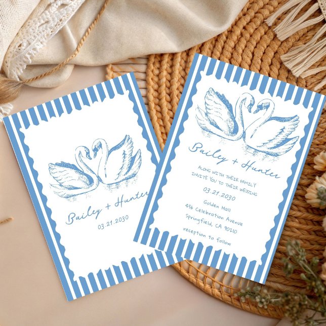 hand drawn Blue Couple Swan Whimsical Wedding Invitation (Creator Uploaded)